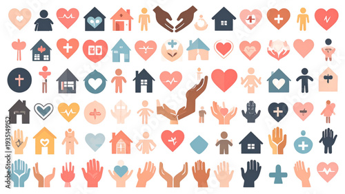 Healthcare and charity icon set with hearts hands medical symbols home care support flat vector illustration collection