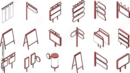 Outdoor advertising signboard collection with billboard street signage stand display panel and directional board vector illustration set.