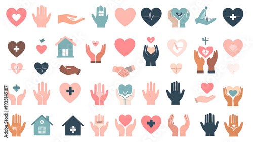 Healthcare and charity icon set with hearts hands medical symbols home care support flat vector illustration collection