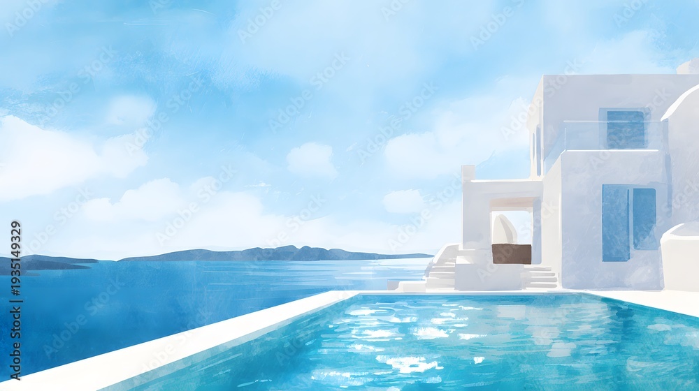 Naklejka premium Serene Santorini villa luxury escape Mediterranean sea view summer vacation illustration art design