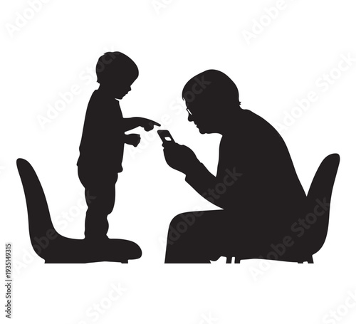 Contemporary family dynamics illustrated through silhouettes, highlighting the prevalent theme of digital device distraction impacting human connection and attention