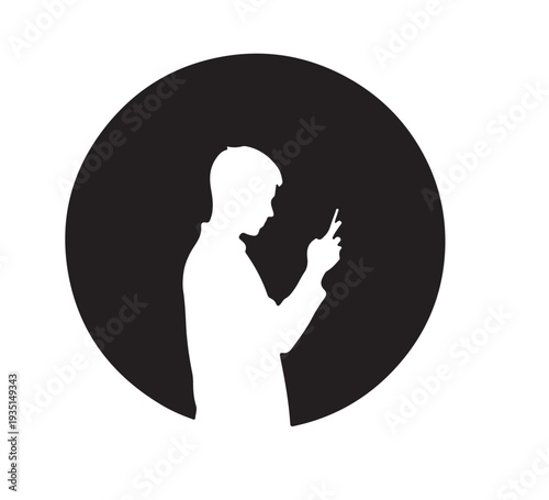 Modern communication focus a minimalist graphic silhouette of an individual engrossed in their smartphone within a striking circular design, symbolizing connectivity and digital engagement