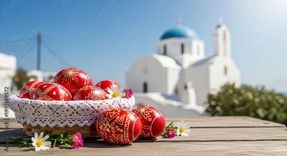 Naklejka premium Basket of red painted Easter eggs with white daisies on wooden table. Traditional Greek Orthodox Easter near white church with blue dome. Spring holiday celebration concept