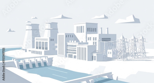 Modern industrial power plant complex with dam and cooling towers.