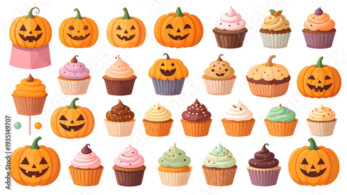 Set of creamy cakes and Halloween cakes