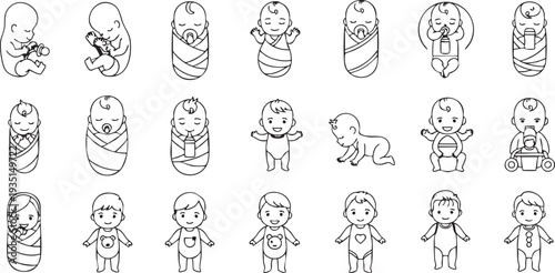 Black and white line of babies in various poses and outfits baby infant infants cartoon
