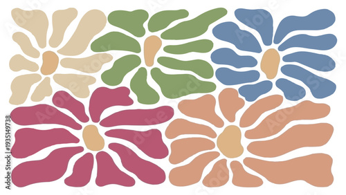 Colorful flowers arranged in a stylized pattern on a clean background viewed from directly above