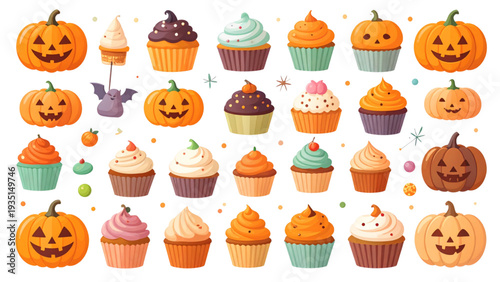 Set of creamy cakes and Halloween cakes