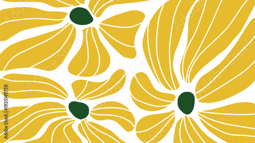 Bright Yellow Floral Pattern with Green Centers, Close-up View of Large Flowers