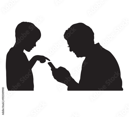 Silhouettes of an elder person and a child interacting with a mobile phone, representing generational technology use and connection