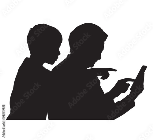 Silhouette of a grandfather and grandson looking at a mobile phone together, conveying intergenerational connection and digital engagement