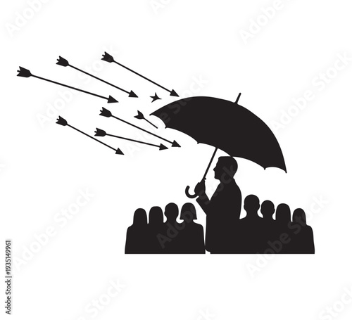 Individual protects group with umbrella from arrows, symbolizing strong protection, security, effective risk management, and defense against threats
