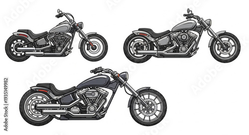 Three detailed illustrations of custom choppers motorcycles.