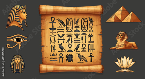 Ancient Egyptian Symbols Collection with Pharaoh Mask, Eye of Horus, Hieroglyph Scroll, Pyramids, and Sphinx Icons for Historical Design and Cultural Heritage