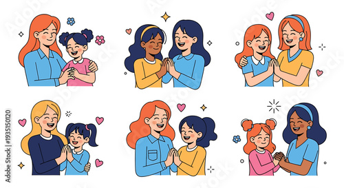 Heartwarming vector illustrations depicting diverse mothers and daughters sharing tender moments of affection, joy, and strong family connection, celebrating their precious bond