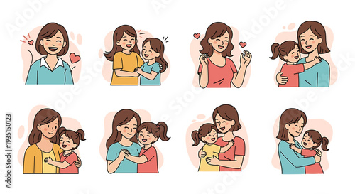 Heartwarming cartoon illustrations capturing the loving bond and joyful moments between mothers and their young daughters, celebrating family affection and happiness
