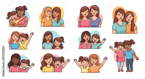 Touching illustrations of diverse mothers and their happy daughters, celebrating moments of love, joy, and the unbreakable bond of family togetherness