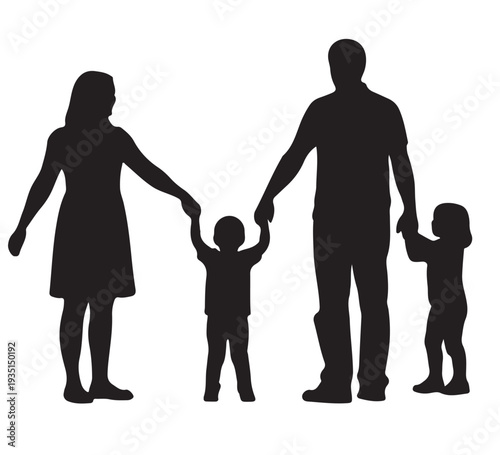Celebrating family connection, this striking silhouette shows a mother, father, and two children holding hands, symbolizing unity, love, and support within their precious family
