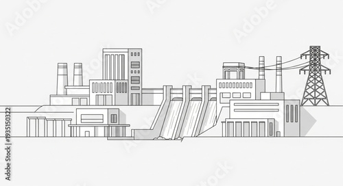 Industrial power plant complex with transmission tower sketch.