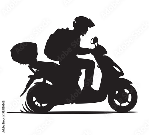 Silhouette of a delivery person riding a scooter with a backpack and helmet, ideal for logistics and transport concepts