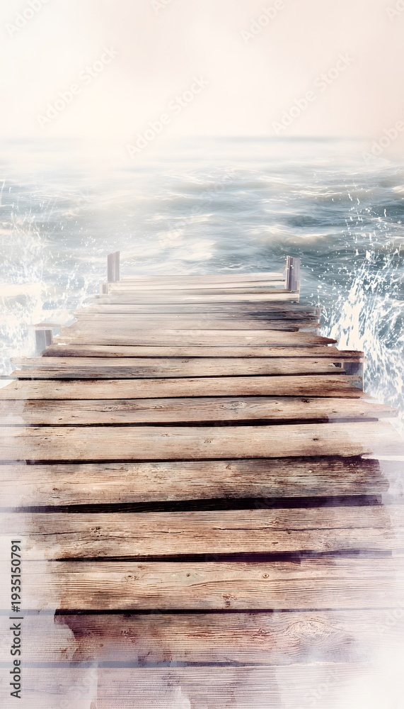 Fototapeta premium Tranquil coastal scene soft summer waves meet a weathered pier peaceful airy landscape illustration