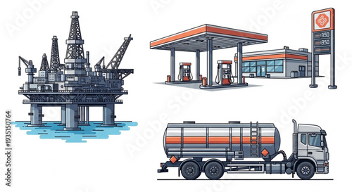Oil rig gas station and tanker truck illustration.