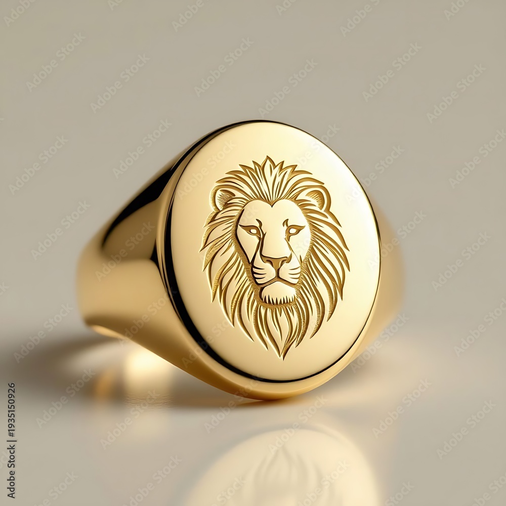 Fototapeta premium Luxury yellow gold signet ring with smooth oval face engraved with clean minimalist lion head silhouette