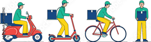 Delivery and Courier Icon Set Featuring Scooter, Bike, and Pedestrian for Logistics