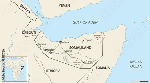 Somaliland Political Map with Capital Hargeysa, Major Cities, and Neighboring Countries (Ethiopia, Djibouti, Somalia, Eritrea, Yemen) in the Horn of Africa.