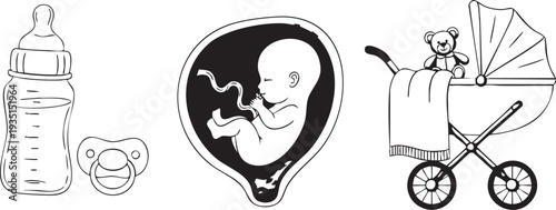 Black and white line of baby bottle pacifier fetus in womb and stroller with teddy bear