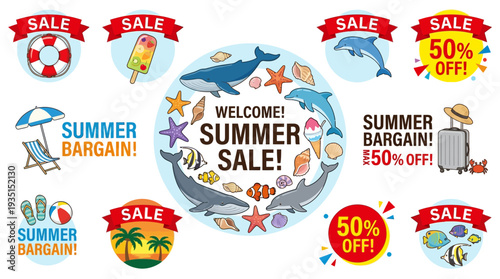 Summer Sale Banners Collection with Beach & Marine Elements - Discounts, Promotions, and 50% Off Offers for Seasonal Bargains