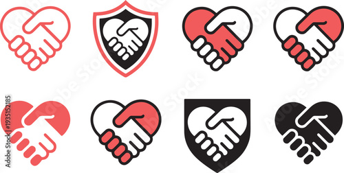 Handshake Heart Icons Set – Love, Care, Support & Partnership Symbol in Flat Vector Style
