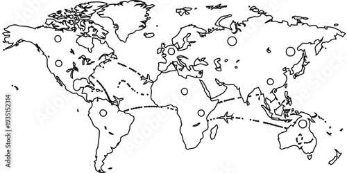 Outline world map with airplane flight paths and point dots