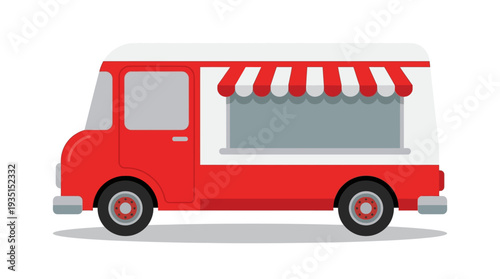 Red and White Cartoon Food Truck Illustration: Street Food Mobile Restaurant Vector Graphic on White Background