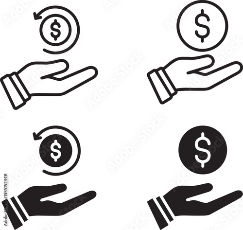 .Minimalist open hand holding a coin with a dollar sign.ues for web outline vector illustration