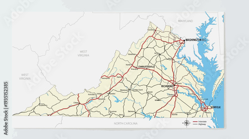 Detailed Road Map of Virginia, USA, Highlighting Major Cities, Interstates, and Neighboring States