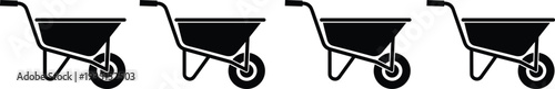 Black and white silhouette vector graphic illustration of four wheelbarrows lined up in a row for construction or gardening work