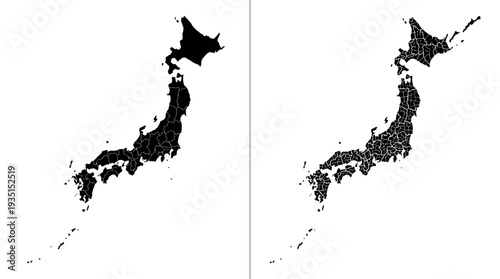 Detailed Japan Maps: Prefectures and Administrative Subdivisions Silhouette