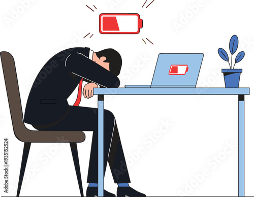 Illustration of a Tired Person with Low Battery Icon, Sitting at Desk with Laptop, Representing Exhaustion and Overwork