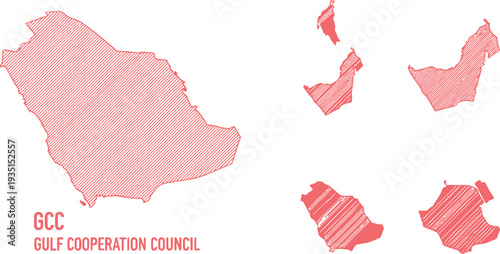 Red hatched sketch maps of gulf cooperation council nations