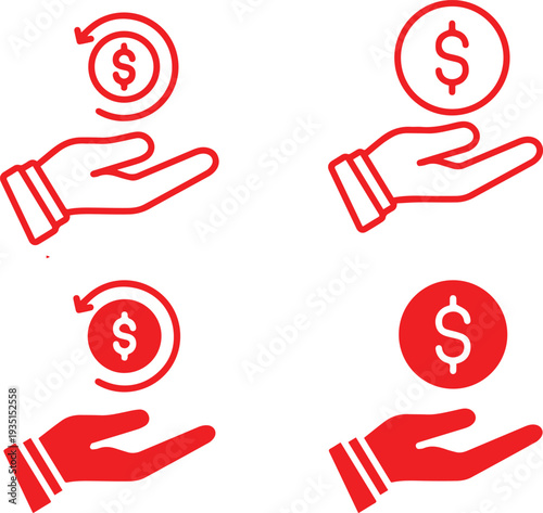 .Minimalist open hand holding a coin with a dollar sign.ues for web outline vector illustration