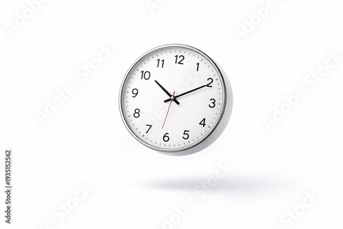 Minimalist clock hangs against plain white background
