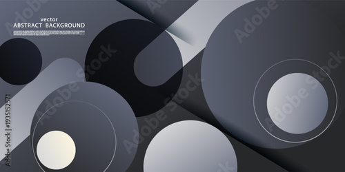 Abstract dark background with overlapping circles and squares in a futuristic pattern design. Simple shapes on a gray banner background. EPS10 vector.