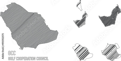 Black line art maps of gulf cooperation council territories