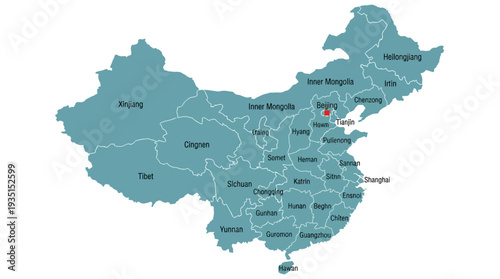 Simplified Map of China with Provinces and Regions, highlighting Beijing with a red location pin