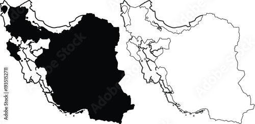 Black iran map and outline isolated on transparent background