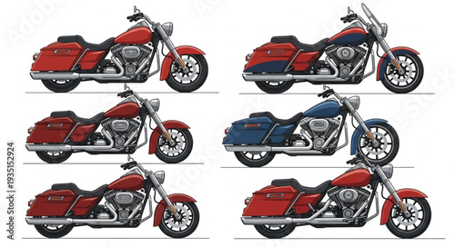 Collection of red and blue touring motorcycles side view.