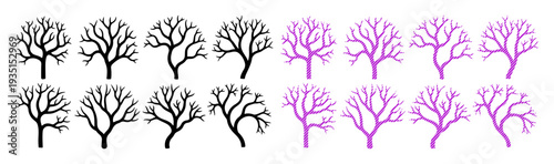 Collection of bare tree silhouettes in black and purple, representing seasonal change or artistic elements.