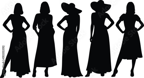 Four women silhouettes in long dresses and model