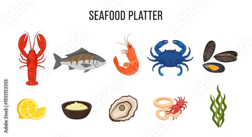 Seafood platter illustration featuring lobster fish shrimp crab mussels lemon sauce oyster calamari and seaweed